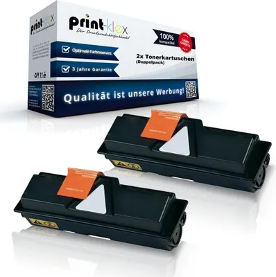 Two black toner cartridges are displayed in front of a product box.