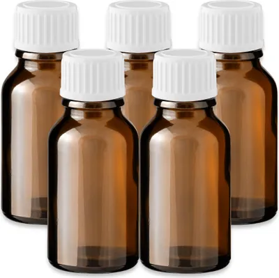 Produktbild von 5x Glasflasche braun 15 ml mit weißem Kunststoff Schraubverschluss Set