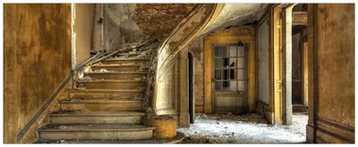 Produktbild von Wallario Wandbild aus Acryl, 200 x 80 cm, freischwebende Optik - Massive Steintreppe in herrenlosem Haus