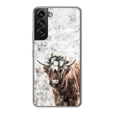 Produktbild von MuchoWow® Handyhülle Schutzhülle Hülle für Samsung Galaxy S22 Schottischer Highlander - Marmor - Blumen Silikon Softcase Handy Hülle - Mobiltelefonhülle