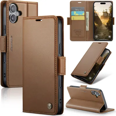 Immagine prodotto di Custodia per iPhone 17, carta di blocco RFID, custodia in pelle avanzata con funzione di supporto Marrone