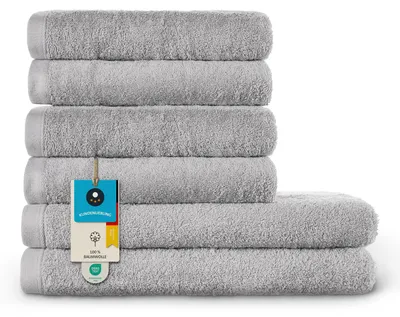 Produktbild von Homewell Handtücher Set - weich und saugstark, 100% Baumwolle, 100 (2 Badetücher + 4 Handtücher, Grau) – Größe 2 Badetücher 70x140 cm + 4 Handtücher 50x100 cm