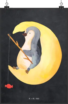 Produktbild von Mr. & Mrs. Panda Bild Pinguin Mond DIN A3 - Kreidetafel - Geschenk, drucke, Plakat, Wandbild, Spruch, Erschöpft, Wanddekoration, wanddeko, Süßigkeiten, Schlafzimmer
