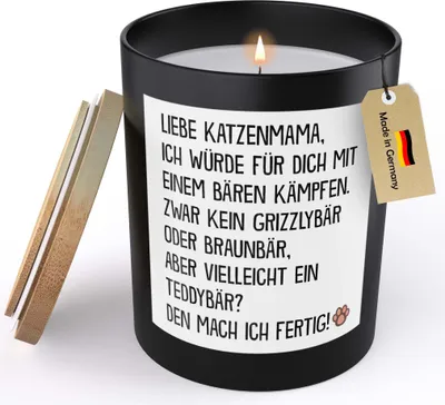 Produktbild von 22Feels Katzenmama Geschenk Frauen Spruchkerze "Mit Einem Bären Kämpfen" Katze Sojawachs Kerze im Glas Cat Mom Katzenbaby Handgemacht mit Spruch Duft Deko Vegan Nachhaltig - ZITRUS