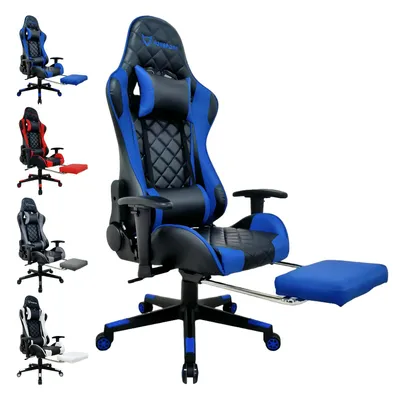 Obrázek produktu pro Herní židle FOXSPORT Ergonomická kancelářská židle v závodním designu do 150 kg s výsuvnou opěrkou nohou, nastavitelnou opěrkou hlavy a bederní opěrkou Modrá barva