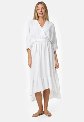 Produktbild von Rayshyne Damen Midi Strand Sommerkleid Optik Wickelkleid PM25 Weiß Einheitsgröße Gr. 34 - 38