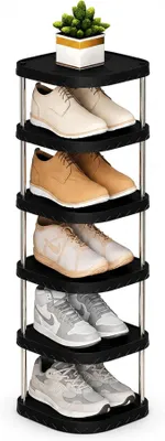 Produktbild von PolkaHome® Eck-Schuhregal mit 6 Ebenen, schmales vertikales Schuhregal aus Kunststoff, platzsparendes Schuhregal für Flur, Schlafzimmer,