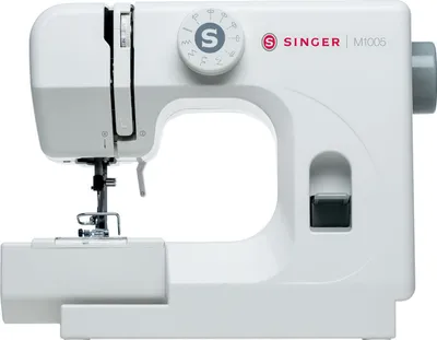 A white Singer M1005 sewing machine is shown against a white background.