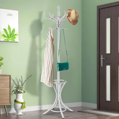 Produktbild von Multifunktionaler Kleiderstaender mit 12 Haken, aus Holz, 51 x 51 x 184 cm, geeignet für Schlafzimmer, Wohnzimmer und Garderobe, Weiss (Grau)