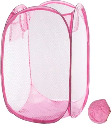 A pink pop-up laundry basket and a smaller, folded version of the same basket.
