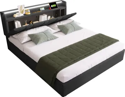 Produktbild von Polsterbett 140x200 cm Grau aus Leinen mit USB-Ladefunktion, LED-Beleuchtung und Stauraum-Kopfteil, ohne Matratze