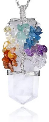 Produktbild von 7 Chakra Heilstein Kette Baum des Lebens Wire Wrap Edelstein Anhänger Kristall Halskette Bergkristall 69-71mm Anhänger 60cm Kette Kupfer