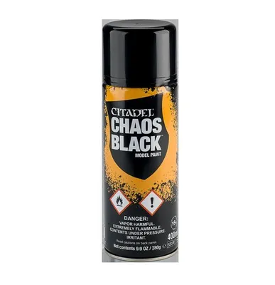 A spray can of Citadel Chaos Black model paint against a white background.