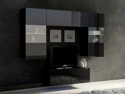 Produktbild von Wohnwand CALABRINI-10 Wohnzimmer-Set Hängewohnwand Schrankwand mit LED-Beleuchtung TV-Schrank Vitrine Moderne Anbauwand Hochglanz (Schwarz)