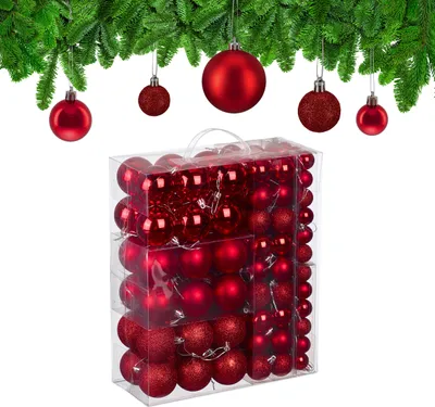 Imagen del producto de Relaxdays, juego de 138 bolas de Navidad, fabricadas en plástico, con acabados brillantes, mate y brillantes, adornos para el árbol de Navidad, color rojo
