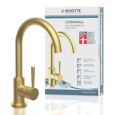 Zdjęcie produktu dla SCHÜTTE CORNWALL bateria kuchenna, bateria kuchenna z funkcją oszczędzania energii, jednouchwytowa, obrotowa wylewka 360°, matowe złoto