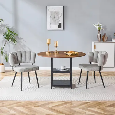 Immagine prodotto di Set tavolo e sedie, tavolo rotondo da pranzo di 107 cm di diametro, con doppio ripiano, e 2 sedie rivestite in tessuto (grigio chiaro, noce e nero)