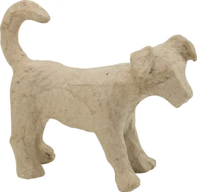 A paper mache dog figurine on a white background.