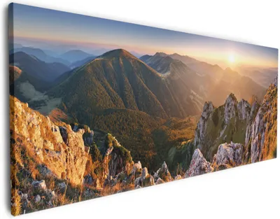 Produktbild von Wallario Premium Leinwandbild Berglandschaft mit Sonnenuntergang in der Slowakei in Größe 60 x 150 cm