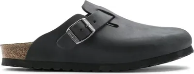 Produktbild von Kaufen Sie die Birkenstock Boston Fettleder Schwarz mit schmalem Fußbett bei Kicksshop. Bequeme Damensandale mit dem legendären Birkenstock-Fußbett.