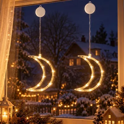 Imagen del producto de Kit de 2 guirnaldas de luces LED para ventanas, con ganchos adhesivos, alimentadas por batería, decoración navideña, para fiestas y eventos, diseño de luna