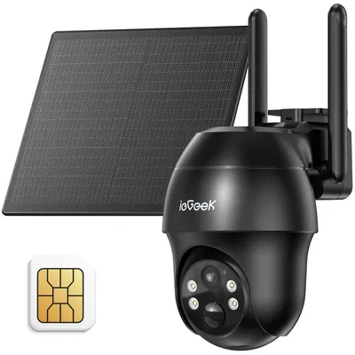 A black outdoor solar security camera with a solar panel and a SIM card.