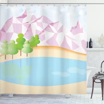 Produktbild von ABAKUHAUS Abstrakt Surreal Duschvorhang, Polygonal Berge Bäume Teich Pastellfarben, 175 x 200 cm, Mehrfarbig