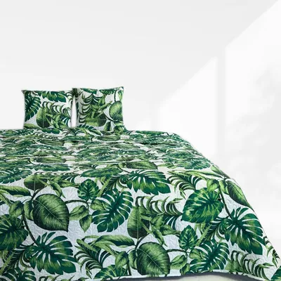 Produktbild von Tagesdecke Zweiseitige Bettüberwurf Allzweckdecke Steppdecke Weiß Grün Monstera Blätter (TAVIRA Jungle) 220x240+ 2x40x40