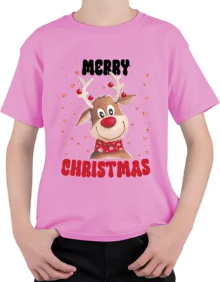 Zdjęcie produktu dla Merry Christmas Deer Reindeer Sweet - Świąteczna koszulka dziecięca Uni , różowy, 140