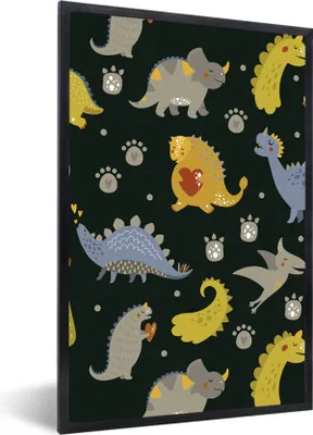 Produktbild von MuchoWow® Gerahmtes Poster Dino - Kinder - Schnittmuster - Jungen - Mädchen - Dinosaurier 20x30 cm - Poster mit Schwarzem Bilderrahmen Wandposter Rahmen Foto Bilder - Drucken - Bilder Poster im Rahmen
