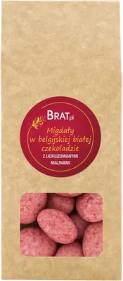 Zdjęcie produktu dla Migdały w belgijskiej białej czekoladzie z liofilizowanymi malinami 100g