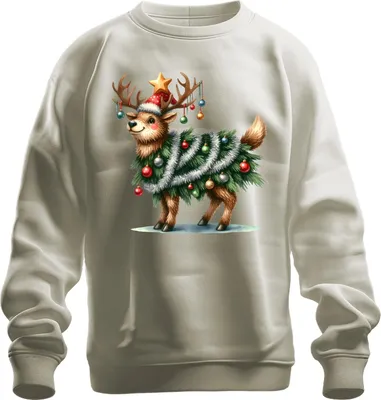 Produktbild von Rentier Weihnachtsbaum Lametta Kugeln Stern lustig Weihnachten Uni Sweatshirt Pullover, Natur, 3XL