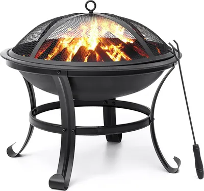 Produktbild von 56cm Feuerstelle für draußen - SINGLYFIRE Stahl-Feuerschale mit Funkenschutz, Holzrost & Schürhaken für Garten, Terrasse, Camping & Picknick