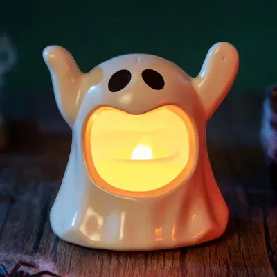 Image de Halloween Deco,Bougie d'Halloween sans flamme avec lumière chaude,Fantôme d'Halloween LED Bougie vacillante sans flamme pour la décoration d'Halloween et la maison, blanc, 2