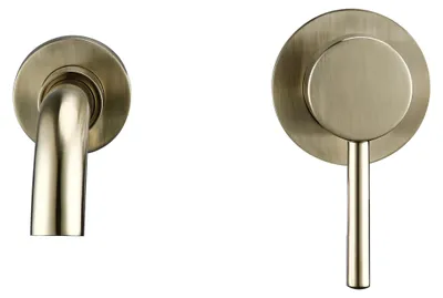 Produktbild von Wandarmatur fürs Bad - Waschbecken Mischbatterie - Einhebelmischer - Messingkörper - Keramikkartusche - Warm- und Kaltwasser - Ausladung 21 cm - Gebürstetes Gold