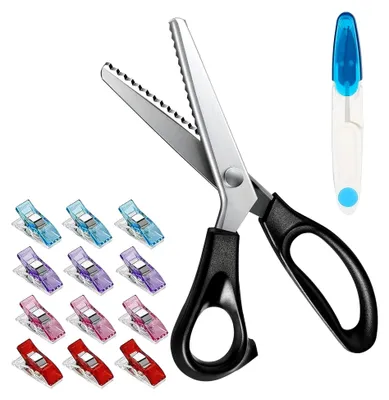 Produktbild von Set mit Zick-Zack-Stoffscheren, dunkles Zacken-Set, mit 12 Nähklammern und 1 U-förmiger Schere für Kreuzstich – für Kleidung, Papier, Leder