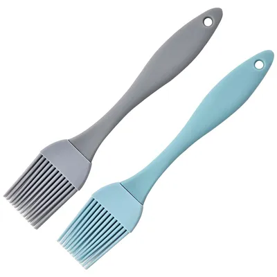 Productafbeelding van Siliconen kwast voor bakken, set van 2, 17 cm, keukenkwast, grillkwast, marsepenkwast, barbecuekwast voor grillen, bakken, mengen en koken – Grijs, blauw