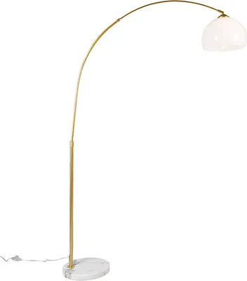 Produktbild von QAZQA - Moderne Bogenlampe Messing mit weißem Schirm - Arc Basic I Wohnzimmer I Schlafzimmer - Stahl Rund I Länglich - LED geeignet E27