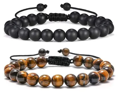 Produktbild von FFWTPY Naturstein Armband Verstellbar Makramee Tigerauge Perlenarmband Blau Schw