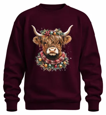 Obrázek produktu pro Highland cow Vánoční věnec Vánoční ozdoby šála retro uni mikina svetr, vínová, XXL