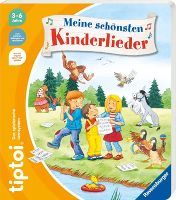 The image shows the front of a tiptoi® book titled "Meine schönsten Kinderlieder" (My Most Beautiful Children's Songs), featuring colorful illustrations of children, animals, and musical notes. The book is presented as a product package.