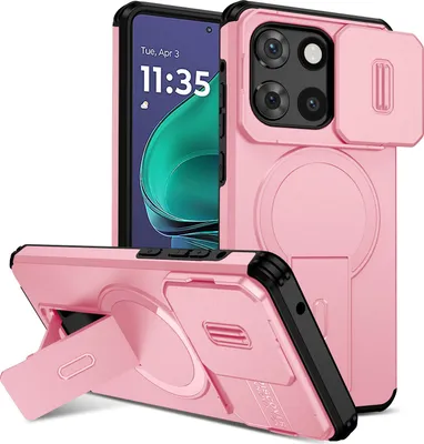 Image de Etui magnétique pour Motorola Moto G Stylus 2025, étui durable double couche avec protection coulissante de l'appareil photo et support ajustable Rose
