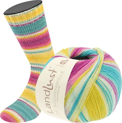 A ball of yarn and a knitted sock are displayed together.