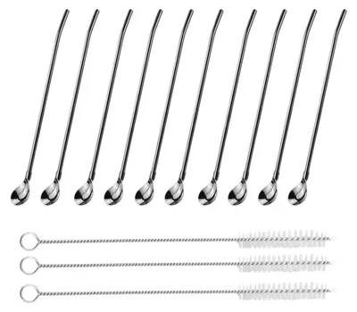 Löffel-Strohhalme aus Edelstahl, 10 Stück + 3 Bürsten, 22 cm