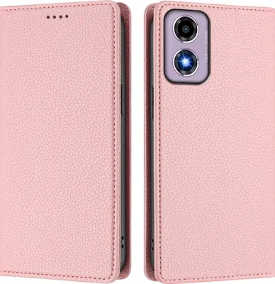 Produktbild von Litchi Leder Handyhülle für Motorola Moto E14 / G04 / G04s / G24 Wallet Kartenfächer Standfunktion Hülle Pink
