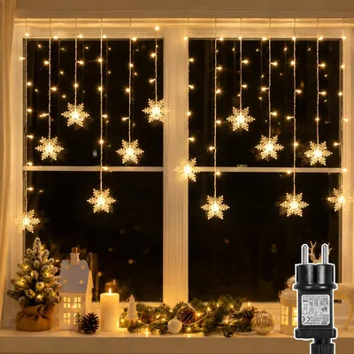 Produktbild von 3,5M LED Lichterkette Schneeflocke Lichtervorhang Wasserdicht 8 Lichtmodi Innen Garten Weihnachten Deko, Warmweiß