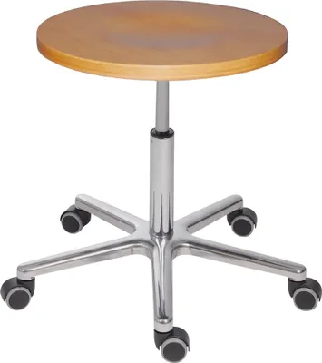 Produktbild von Belastbarer Hocker Stockton | Sitzhöhe 47-65cm | Ø 40cm | Tragfähigkeit 180kg | Buche-Sitz | Aluminium-Fußkreuz mit Doppelrollen | Silber/Buche