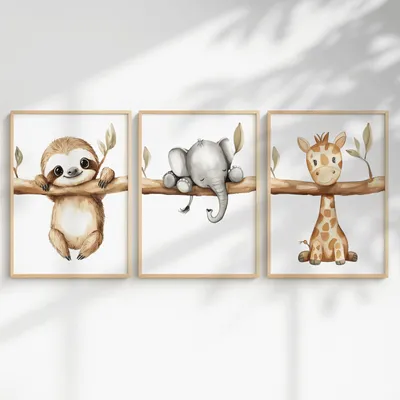 Immagine prodotto di Set da 3 elementi a tema giungla per decorazioni da parete: formato A4 e A3, con immagini di animali della savana, ideali per la cameretta del bambino