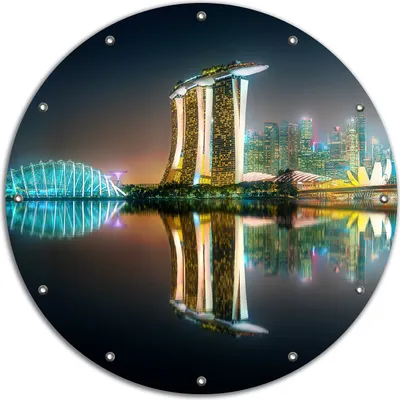 Produktbild von Wallario rundes Outdoor-Poster für Garten oder Balkon, Motiv Singapur bei Nacht, 90 cm Durchmesser