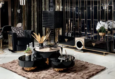 Immagine prodotto di Set soggiorno 5pcs poltrona tavolino credenza con specchio vetrina legno lusso